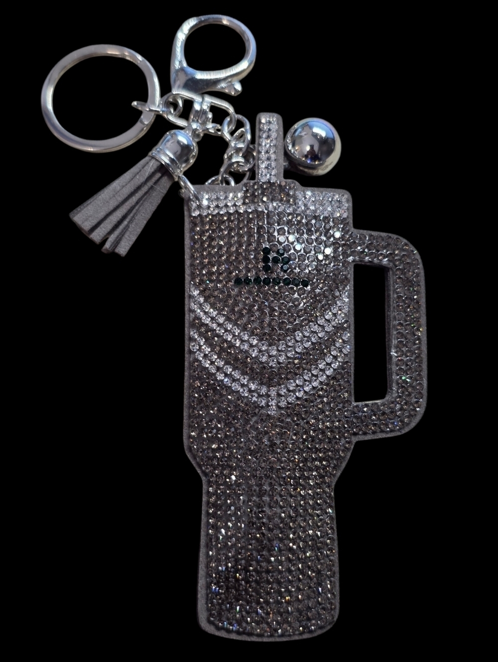 Crystal Studded Gray Tumbler Bag Charm Keychain with Tassel